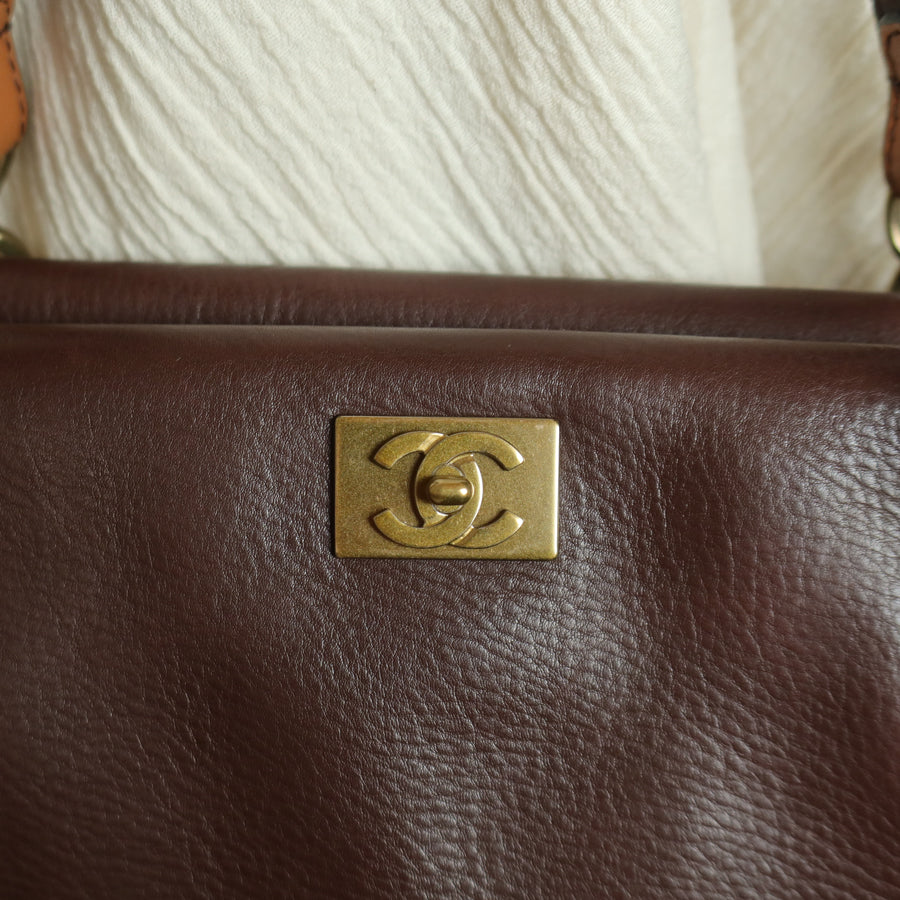Rare Chanel Vintage Dark Brown CC mark Double Strap Shoulder Tote Bag