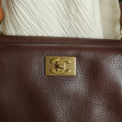 Rare Chanel Vintage Dark Brown CC mark Double Strap Shoulder Tote Bag