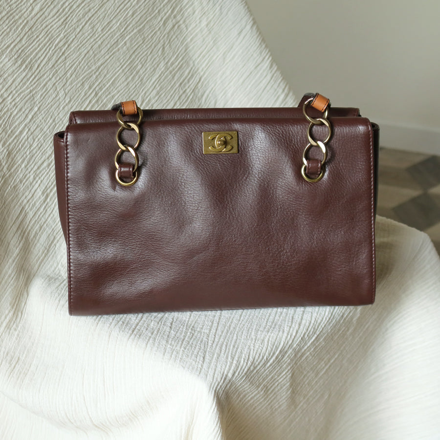 Rare Chanel Vintage Dark Brown CC mark Double Strap Shoulder Tote Bag