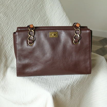 Rare Chanel Vintage Dark Brown CC mark Double Strap Shoulder Tote Bag
