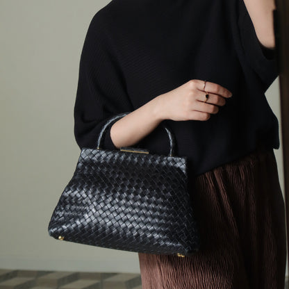 Bottega Veneta Vintage Black Leather Intrecciato Kiss Lock Top Handle Bag