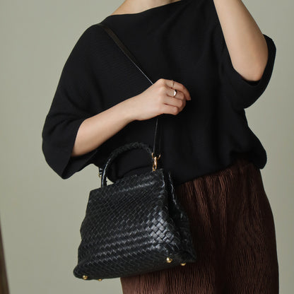 Bottega Veneta Vintage Black Leather Intrecciato Kiss Lock Top Handle Bag