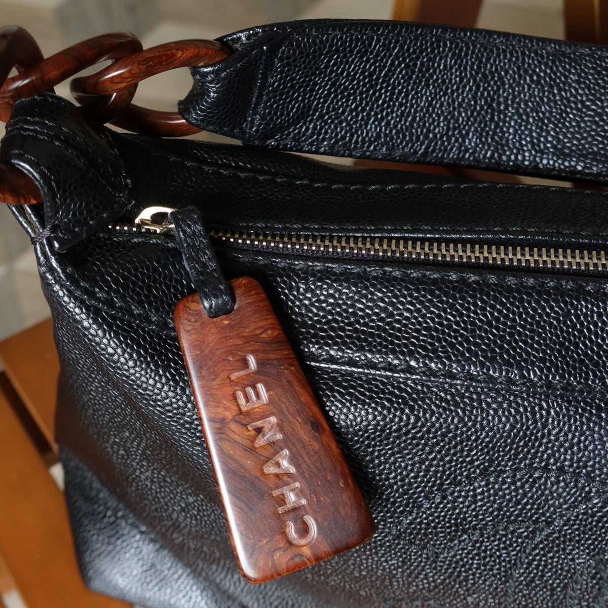 Chanel Vintage Black Caviar Leather Hobo Coco Shoulder Bag
