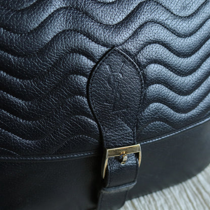 Yves Saint Laurent YSL Vintage Black Leather Wave Stitching Shoulder Flap Bag