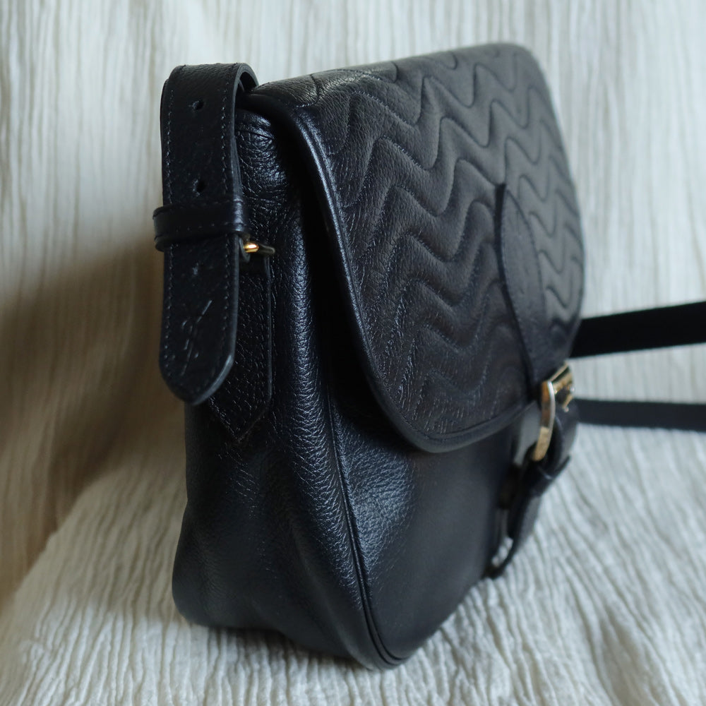 Yves Saint Laurent YSL Vintage Black Leather Wave Stitching Shoulder Flap Bag
