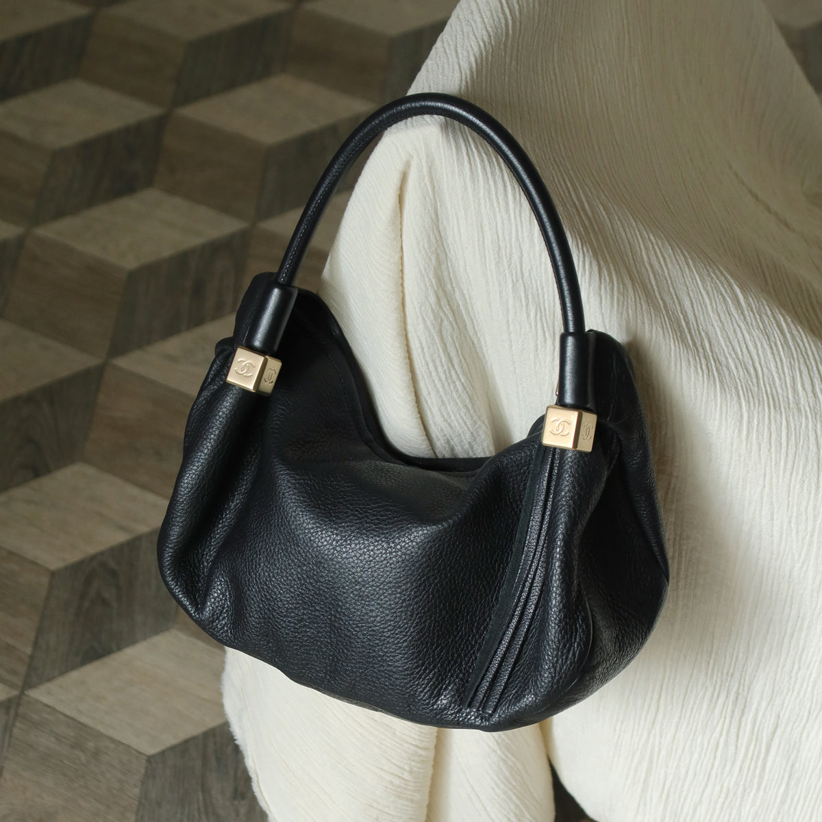 Chanel Vintage Black Calfskin CC Dice Fringe Charm 2way Hobo Bag S2