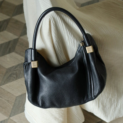 Chanel Vintage Black Calfskin CC Dice Fringe Charm 2way Hobo Bag S2