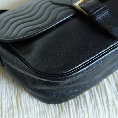 Yves Saint Laurent YSL Vintage Black Leather Wave Stitching Shoulder Flap Bag