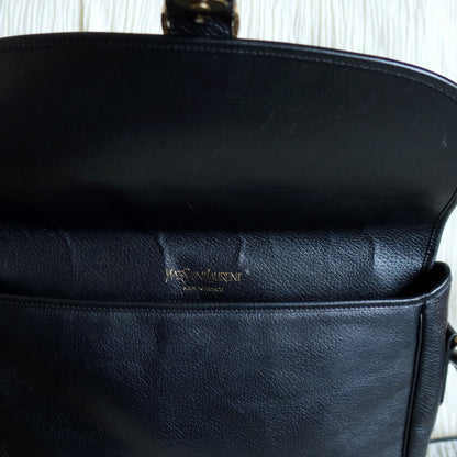 Yves Saint Laurent YSL Vintage Black Leather Wave Stitching Shoulder Flap Bag