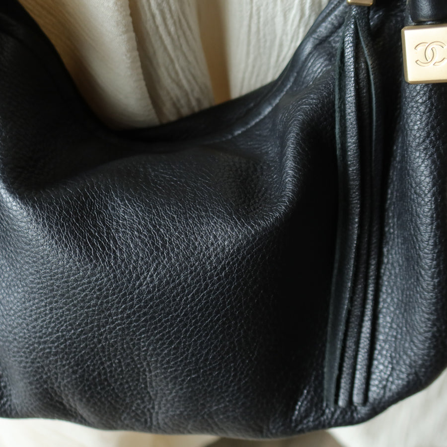 Chanel Vintage Black Calfskin CC Dice Fringe Charm 2way Hobo Bag S2
