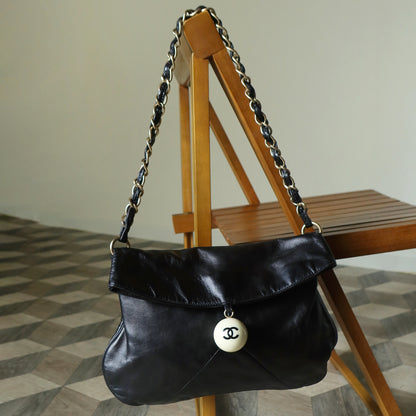Rare Chanel Vintage Black Coco Cue Ball charm Fold over Flap Shoulder Bag