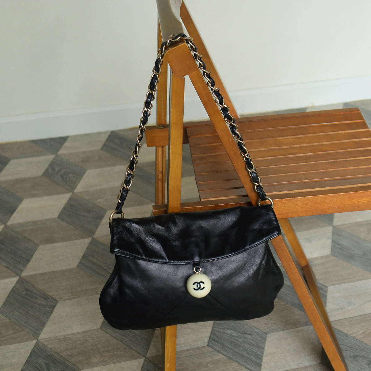 Rare Chanel Vintage Black Coco Cue Ball charm Fold over Flap Shoulder Bag
