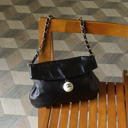 Rare Chanel Vintage Black Coco Cue Ball charm Fold over Flap Shoulder Bag