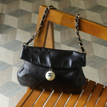 Rare Chanel Vintage Black Coco Cue Ball charm Fold over Flap Shoulder Bag