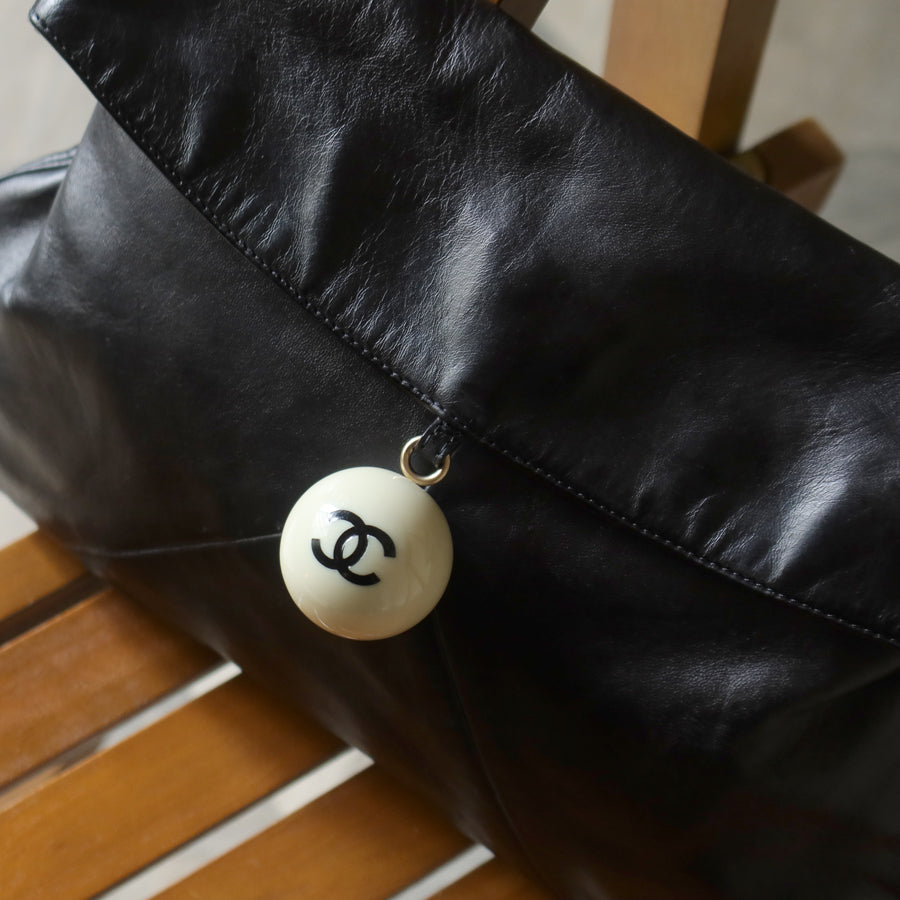 Rare Chanel Vintage Black Coco Cue Ball charm Fold over Flap Shoulder Bag