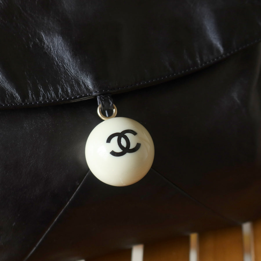 Rare Chanel Vintage Black Coco Cue Ball charm Fold over Flap Shoulder Bag