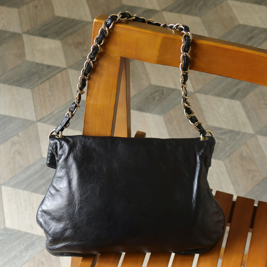 Rare Chanel Vintage Black Coco Cue Ball charm Fold over Flap Shoulder Bag