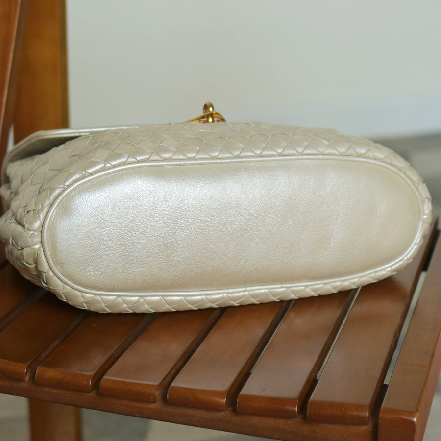 Vintage Bottega Veneta Shimmer Ivory Intrecciato Weave Top Handle Bag M