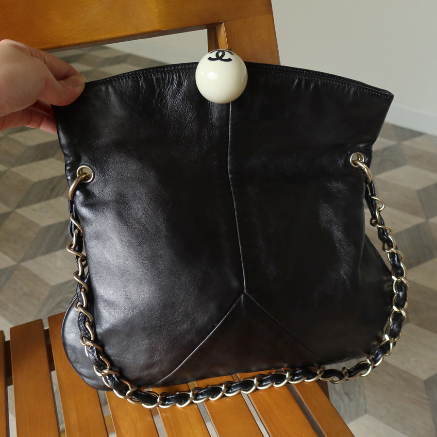 Rare Chanel Vintage Black Coco Cue Ball charm Fold over Flap Shoulder Bag