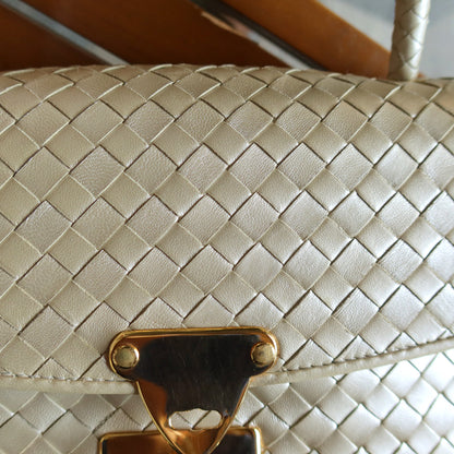 Vintage Bottega Veneta Shimmer Ivory Intrecciato Weave Top Handle Bag M