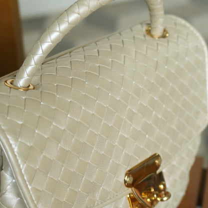 Vintage Bottega Veneta Shimmer Ivory Intrecciato Weave Top Handle Bag M