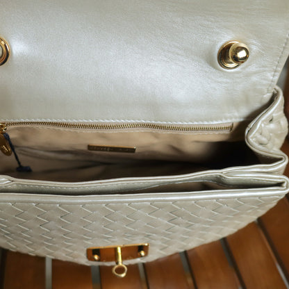 Vintage Bottega Veneta Shimmer Ivory Intrecciato Weave Top Handle Bag M