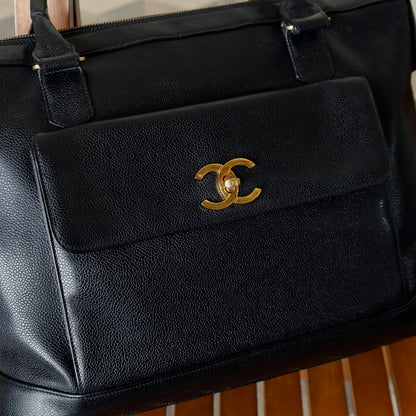 Vintage Chanel Black Caviar CC Turn lock Double sided XL Shoulder Bag