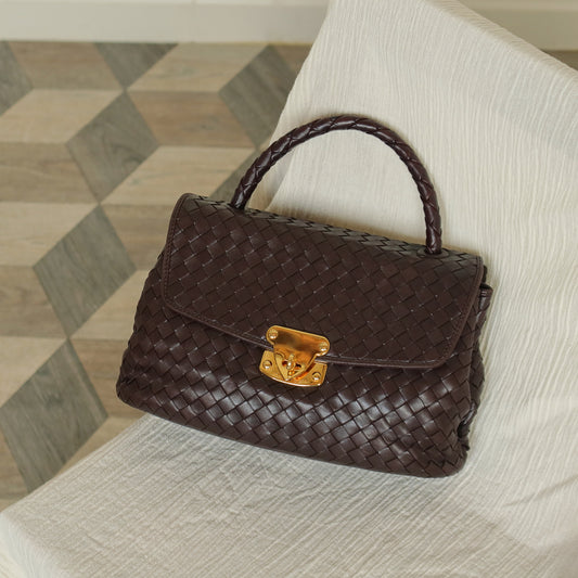 Vintage Bottega Veneta Burgundy Brown Intrecciato Gold turn lock Top Handle Bag