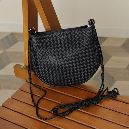 Rare Bottega Veneta Vintage Black Satin Intrecciato Crossbody Shoulder Bag