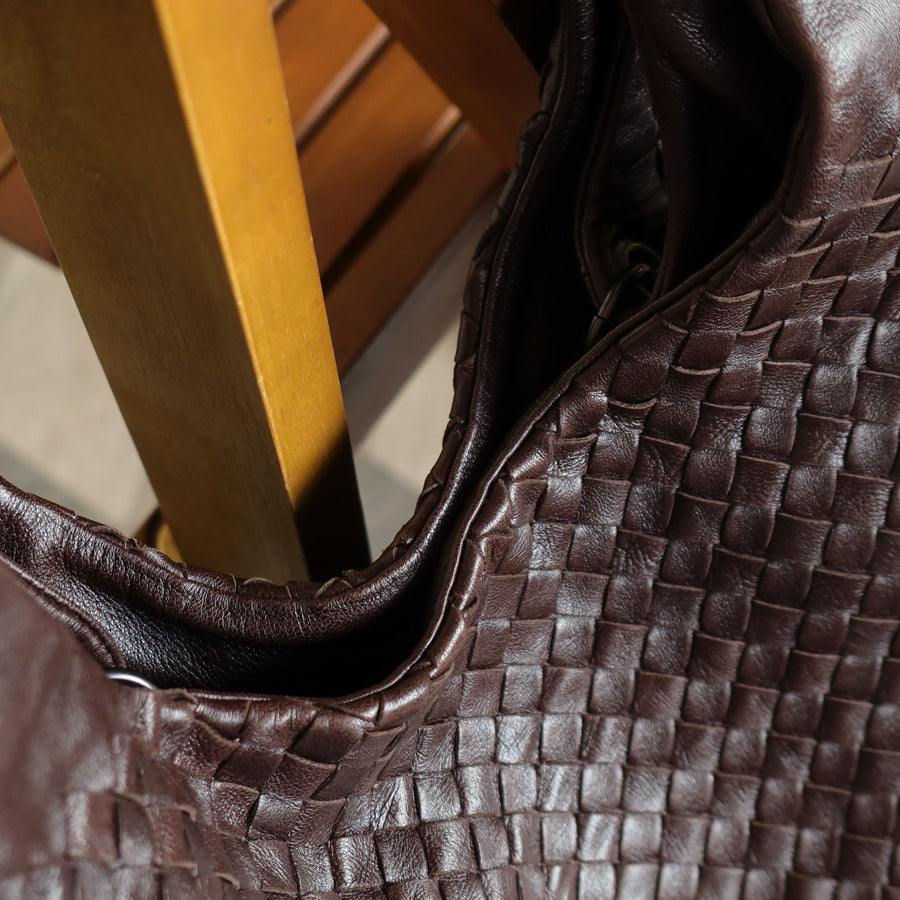 Bottega Veneta Vintage Dark Brown Intrecciato Campana Hobo Shoulder Bag