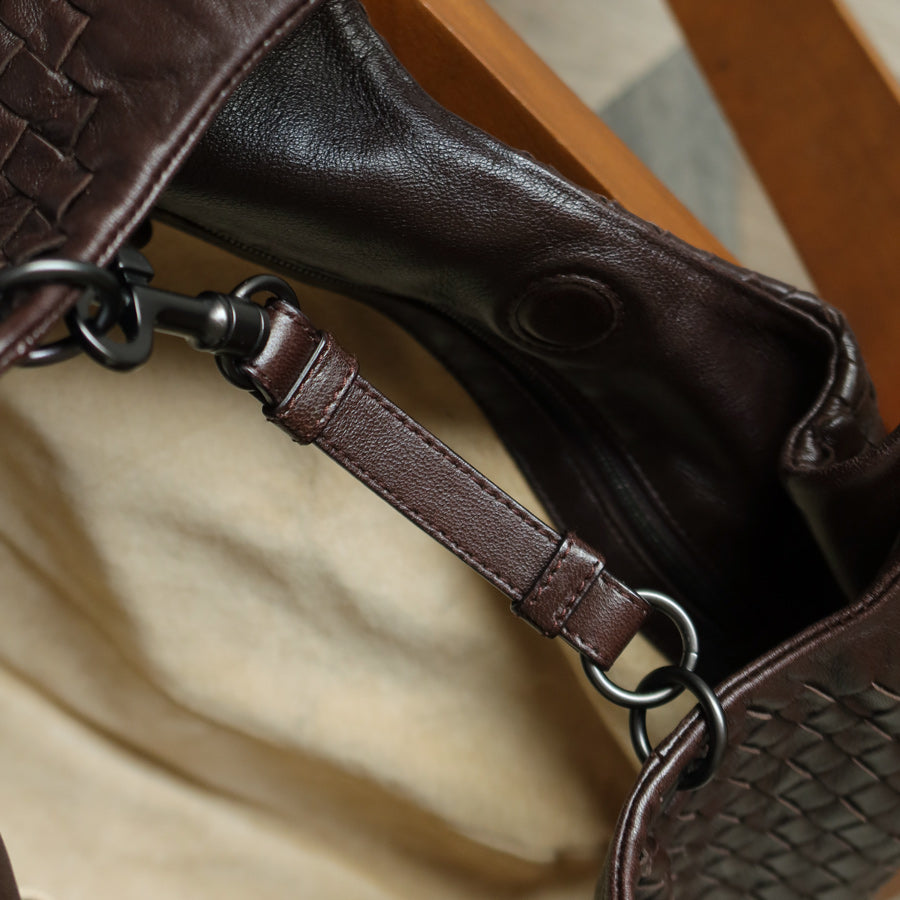 Bottega Veneta Vintage Dark Brown Intrecciato Campana Hobo Shoulder Bag