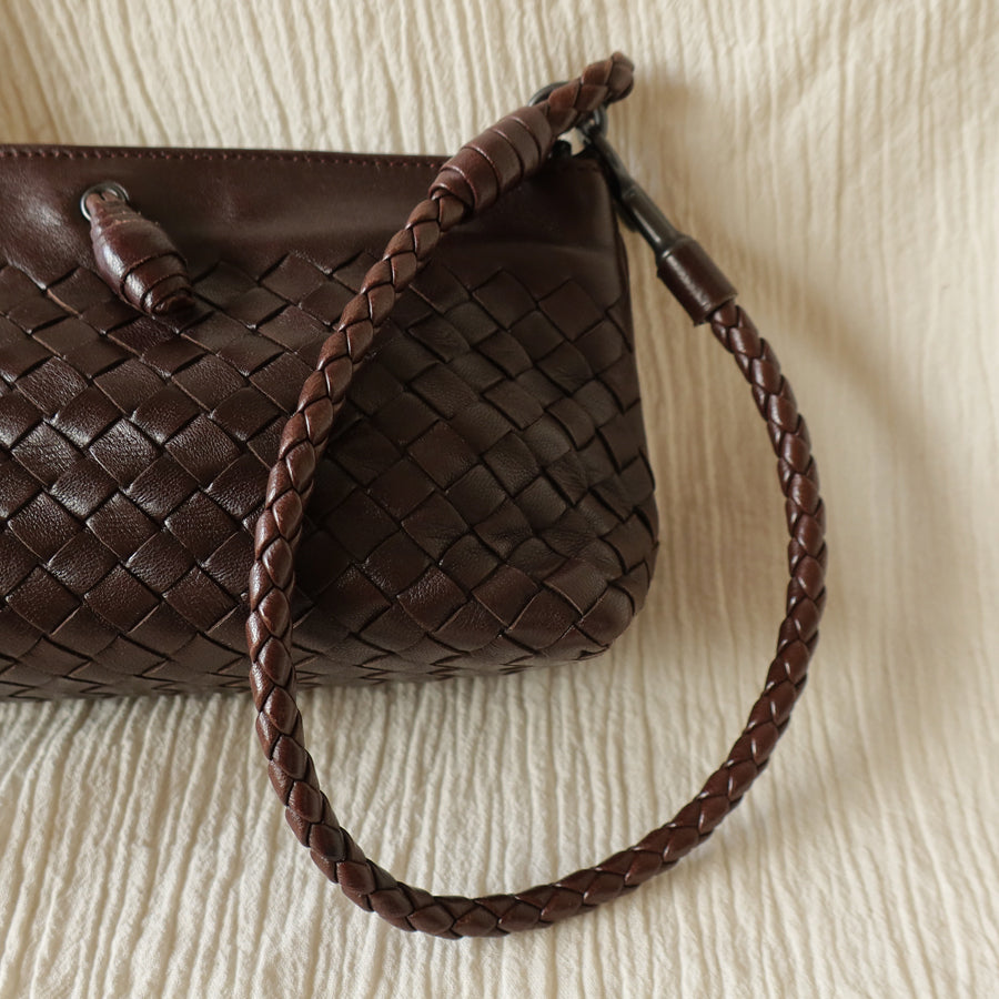 Bottega Veneta Vintage Dark Brown Intrecciato Weave Pochette Clutch Shoulder Bag