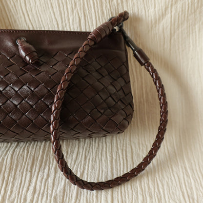 Bottega Veneta Vintage Dark Brown Intrecciato Weave Pochette Clutch Shoulder Bag
