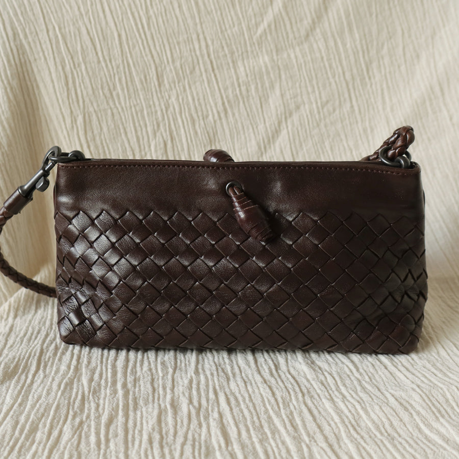 Bottega Veneta Vintage Dark Brown Intrecciato Weave Pochette Clutch Shoulder Bag