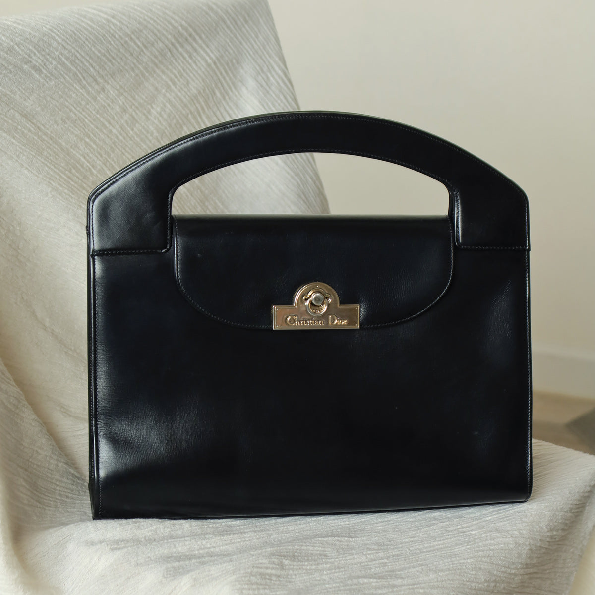 Christian Dior Vintage Black Calfskin Leather Gold Turn lock Top Handle Bag