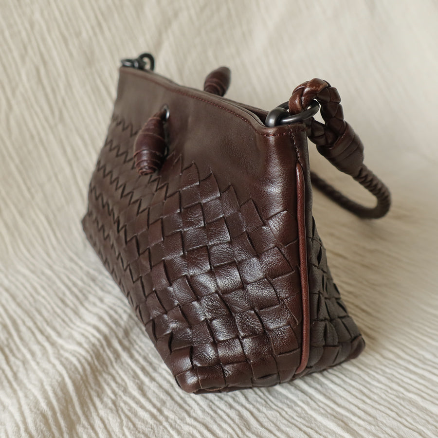 Bottega Veneta Vintage Dark Brown Intrecciato Weave Pochette Clutch Shoulder Bag
