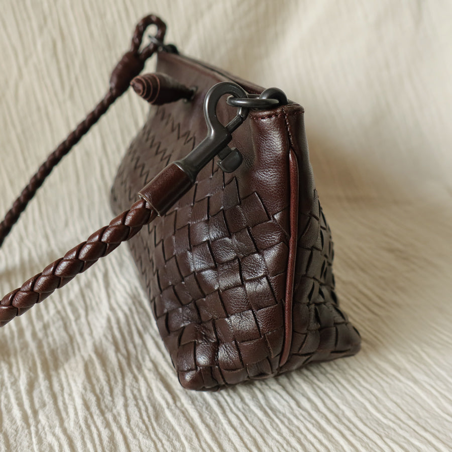 Bottega Veneta Vintage Dark Brown Intrecciato Weave Pochette Clutch Shoulder Bag