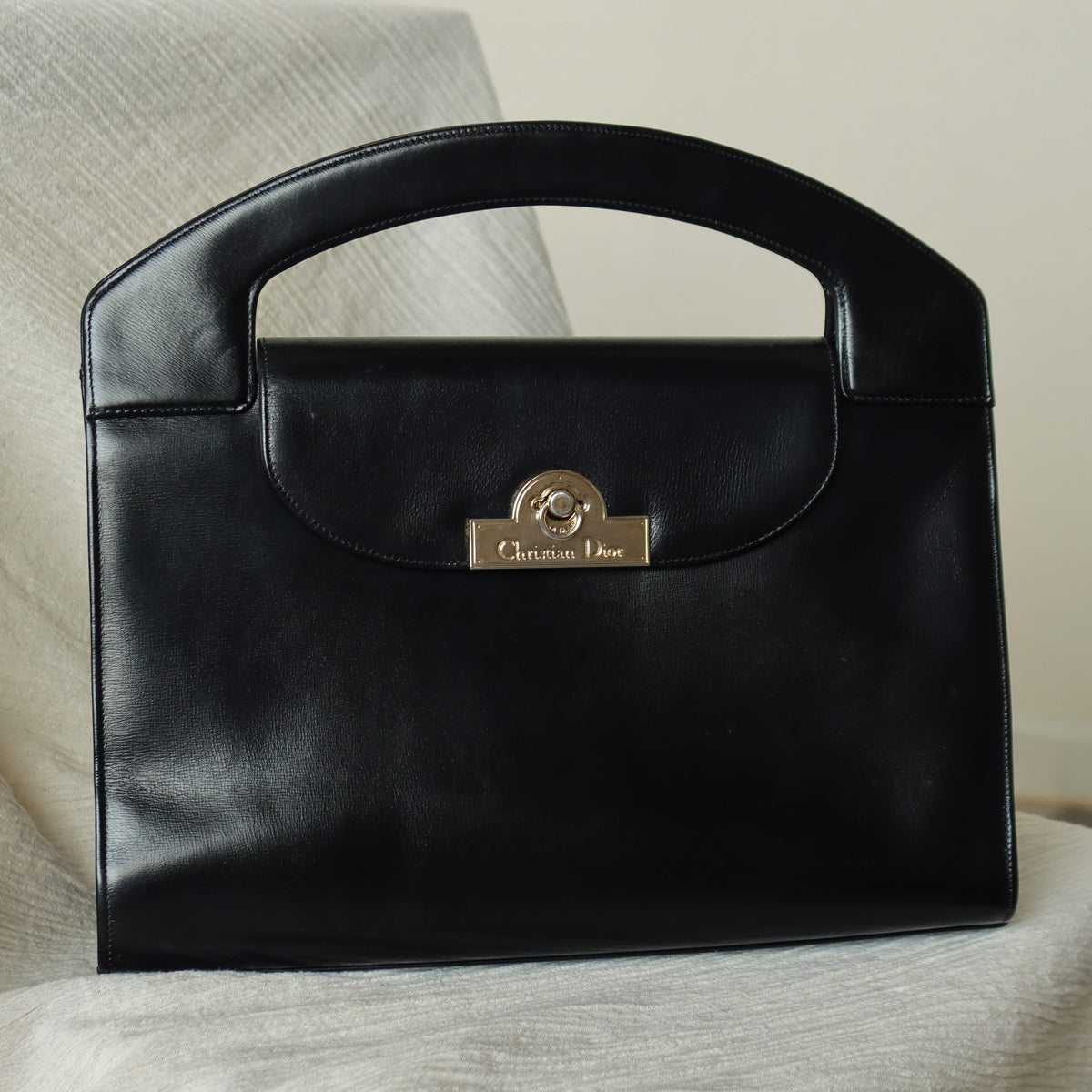 Christian Dior Vintage Black Calfskin Leather Gold Turn lock Top Handle Bag