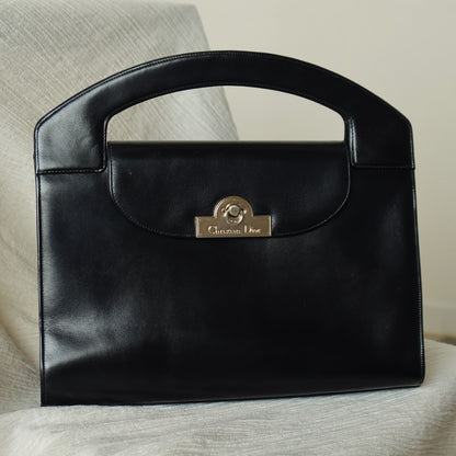 Christian Dior Vintage Black Calfskin Leather Gold Turn lock Top Handle Bag