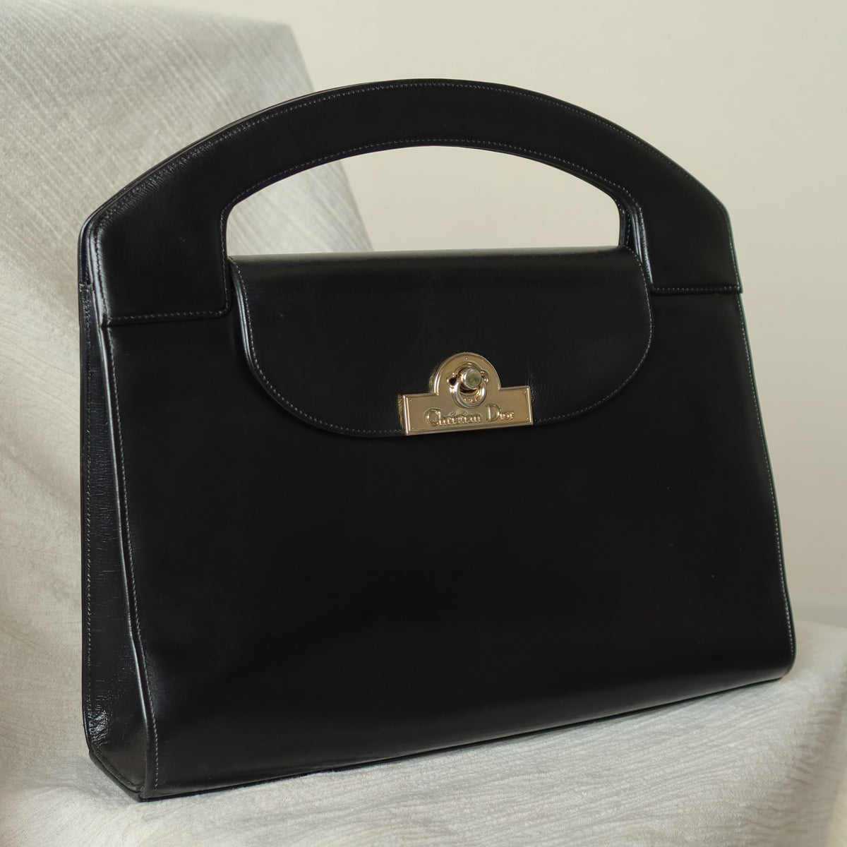 Christian Dior Vintage Black Calfskin Leather Gold Turn lock Top Handle Bag