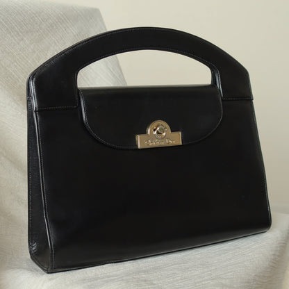 Christian Dior Vintage Black Calfskin Leather Gold Turn lock Top Handle Bag