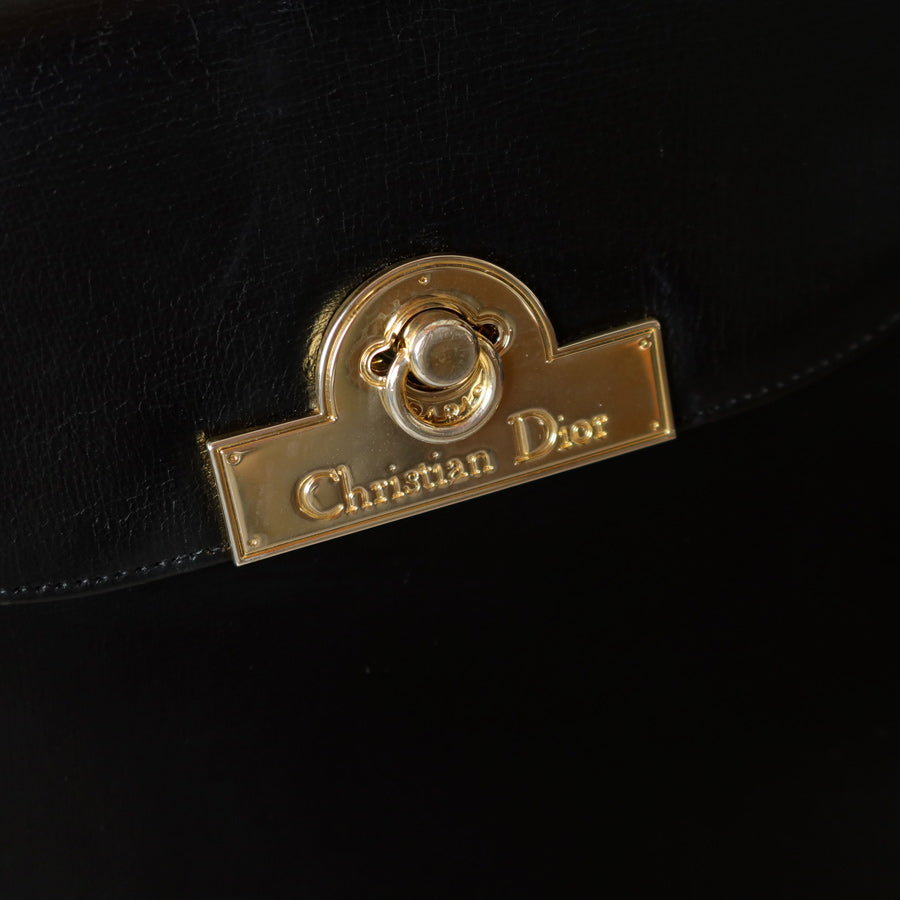 Christian Dior Vintage Black Calfskin Leather Gold Turn lock Top Handle Bag