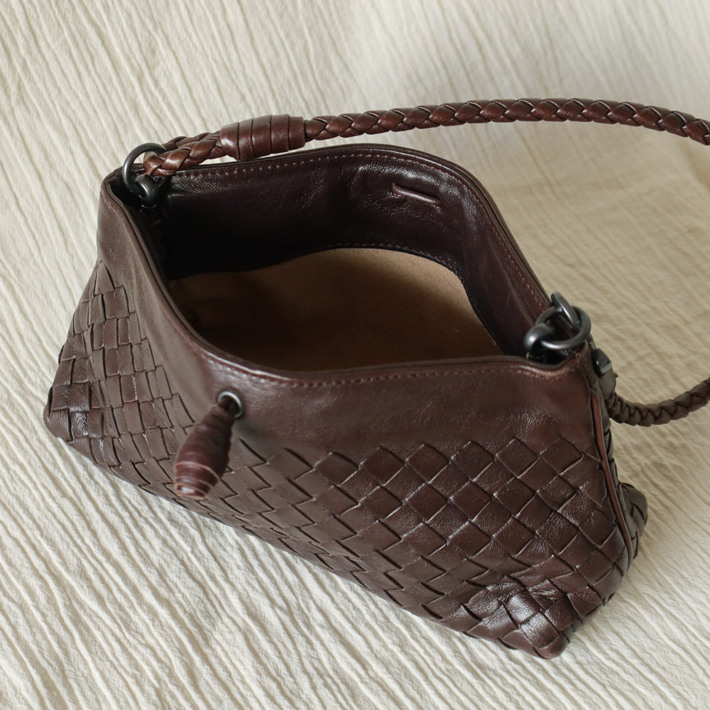Bottega Veneta Vintage Dark Brown Intrecciato Weave Pochette Clutch Shoulder Bag