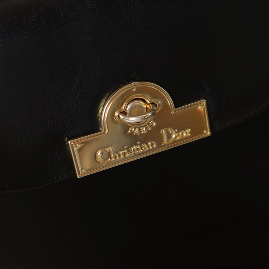 Christian Dior Vintage Black Calfskin Leather Gold Turn lock Top Handle Bag