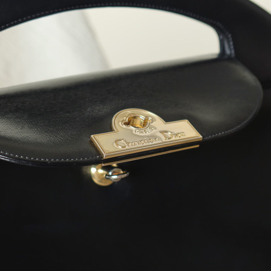 Christian Dior Vintage Black Calfskin Leather Gold Turn lock Top Handle Bag