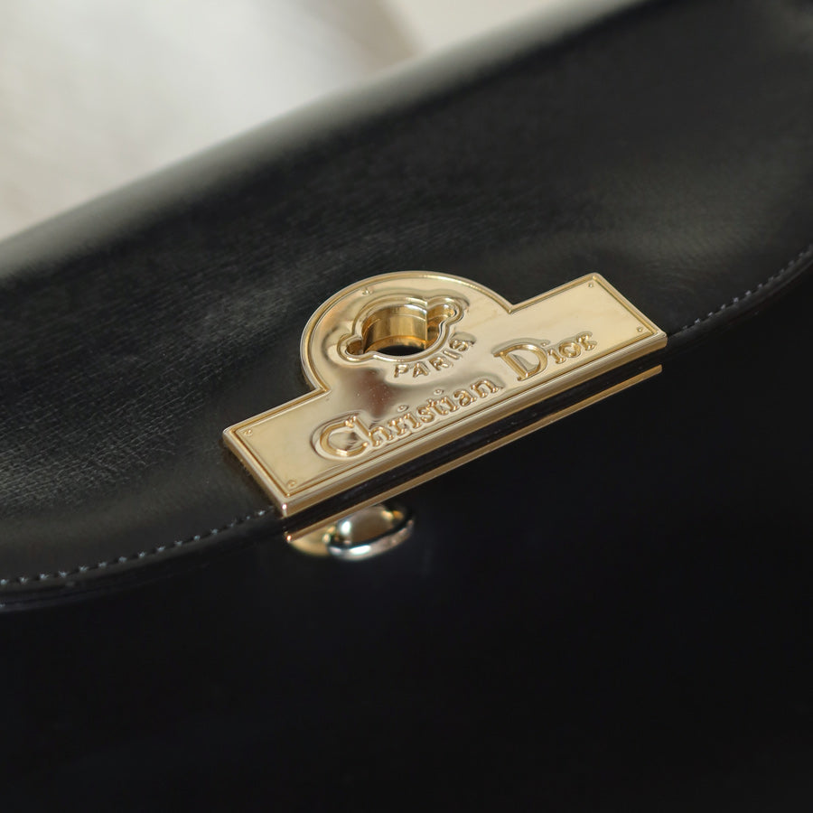 Christian Dior Vintage Black Calfskin Leather Gold Turn lock Top Handle Bag