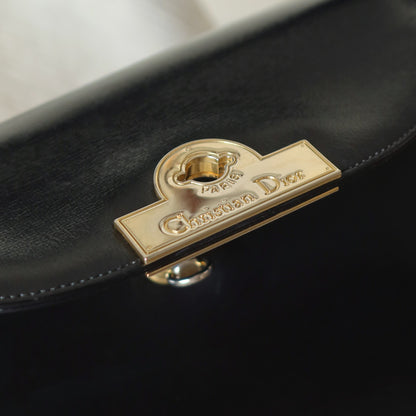 Christian Dior Vintage Black Calfskin Leather Gold Turn lock Top Handle Bag