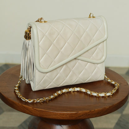 Chanel Vintage Ivory Lambskin Tassel Diamond Stitched 24k Asymmetrical Double Flap Bag
