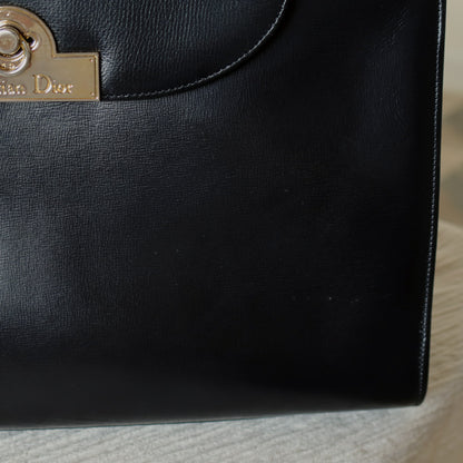 Christian Dior Vintage Black Calfskin Leather Gold Turn lock Top Handle Bag