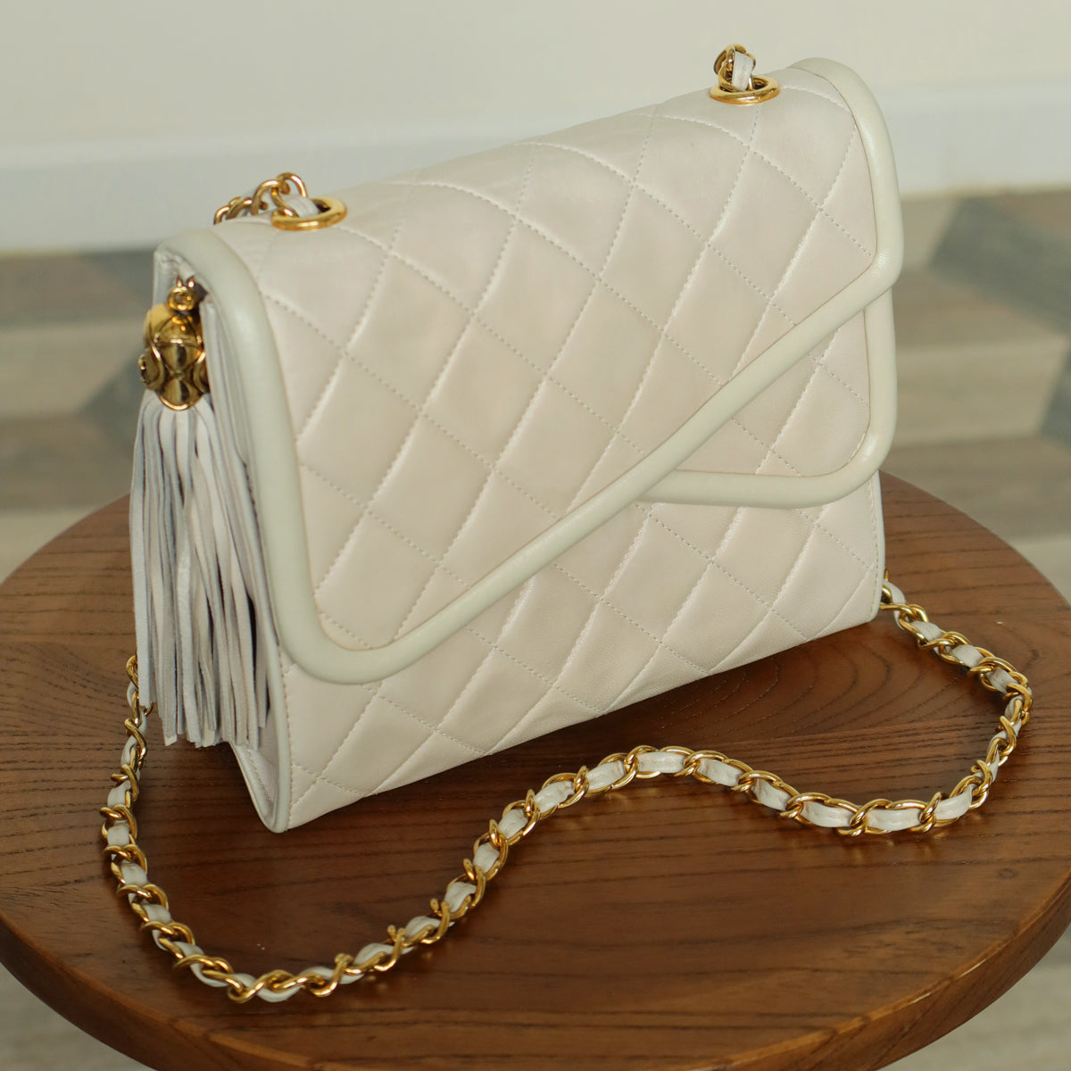 Chanel Vintage Ivory Lambskin Tassel Diamond Stitched 24k Asymmetrical Double Flap Bag